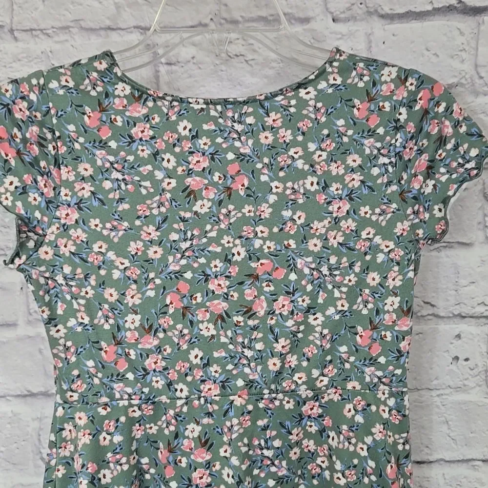 Zunie Girl L 10/12 Sage Floral Jersey Knit Short Sleeve Skater Dress Fit & Flare